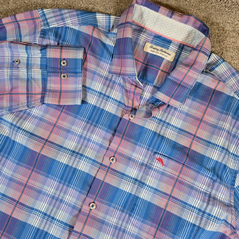 Tommy Bahama Sarasota Stretch Mens Blue & Pink Plaid Button Down Shirt Size XL